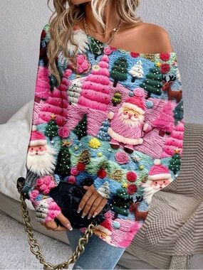 Women’s Pink Off-Shoulder Santa Knit Sweater